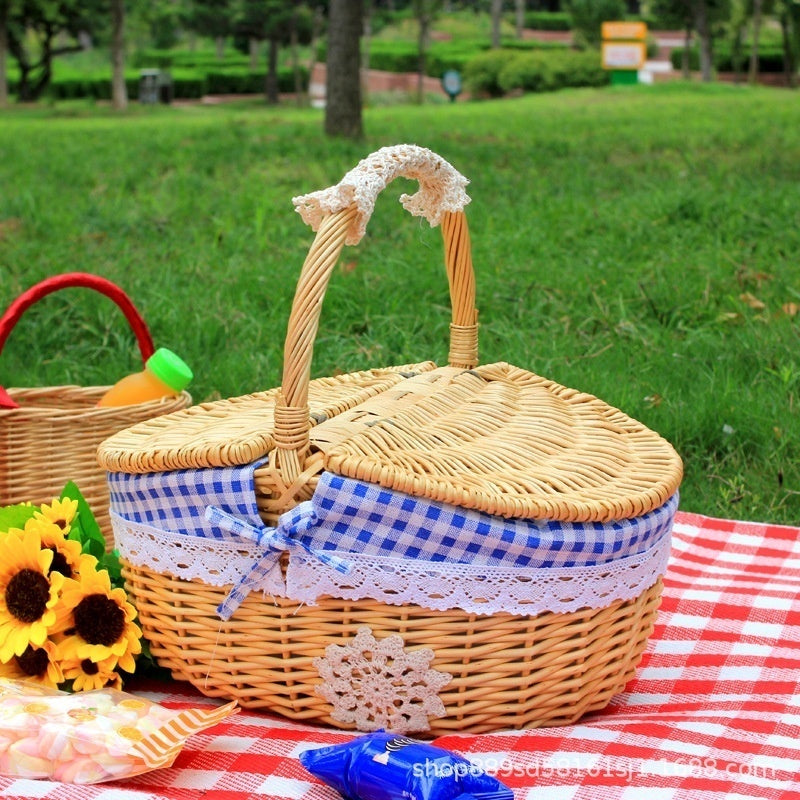 Simple Cute Wicker Carry-on Handle Storage Baskets Picnic Basket with Lid Fruit Food Basket Home Organize Accessory Small Size