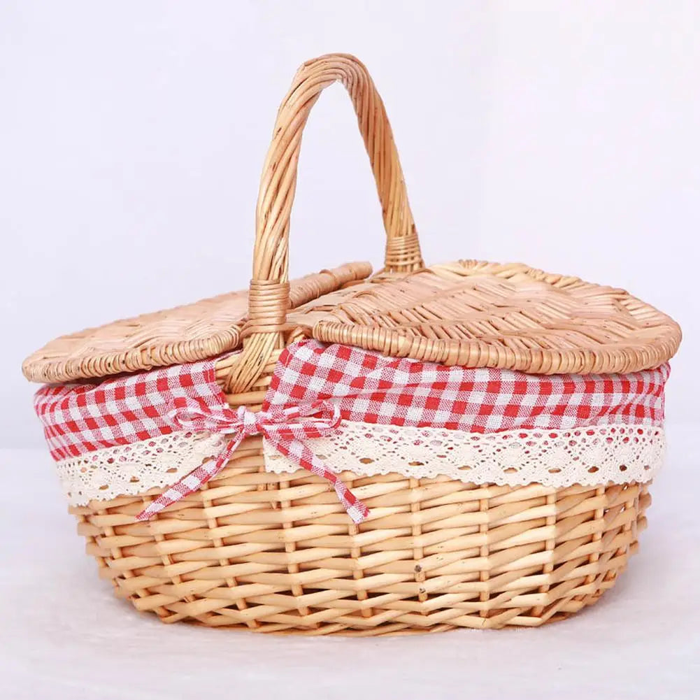 Wicker Picnic Basket With Lid Handle Picnic Hamper Handmade Willow Woven Storage Hamper Outdoor Camping Fruit Basket Container