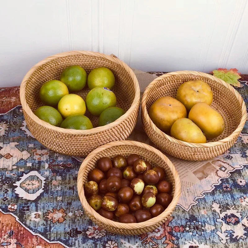 Hand-woven Rattan Wicker Basket Storage Box Fruit Tea Snack Bread Basket Cosmetic Desktop Storage Box Household Kitchen Supplies