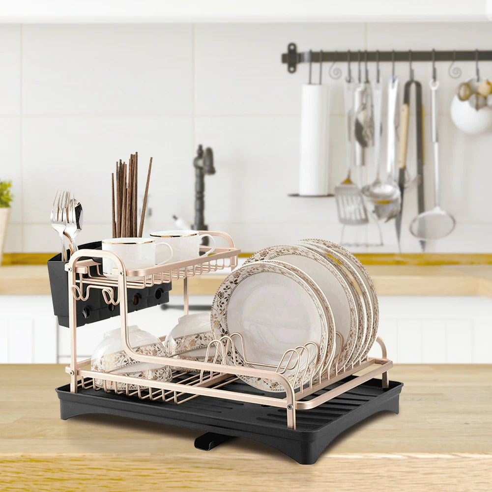 【Breeins】 2 Tier Aluminum Dish Storage Rack with Cutlery Holder Drain Hole