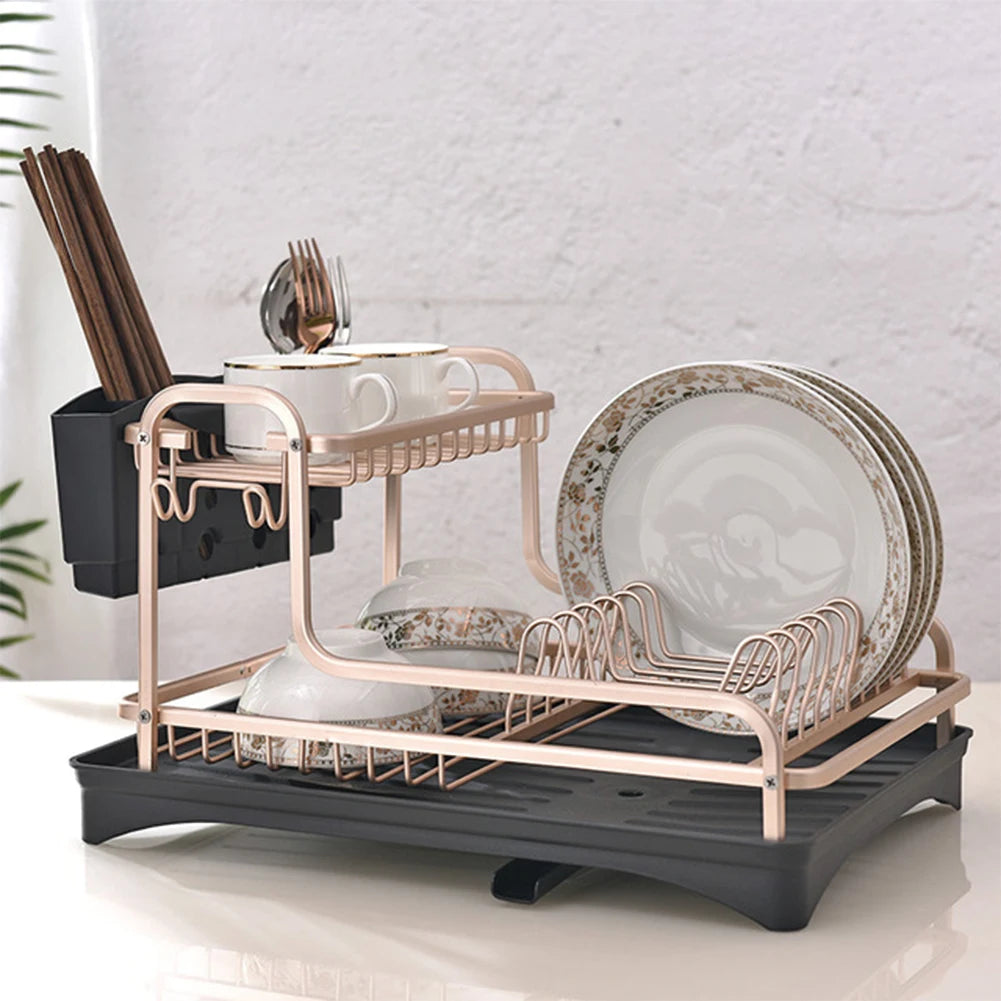 【Breeins】 2 Tier Aluminum Dish Storage Rack with Cutlery Holder Drain Hole