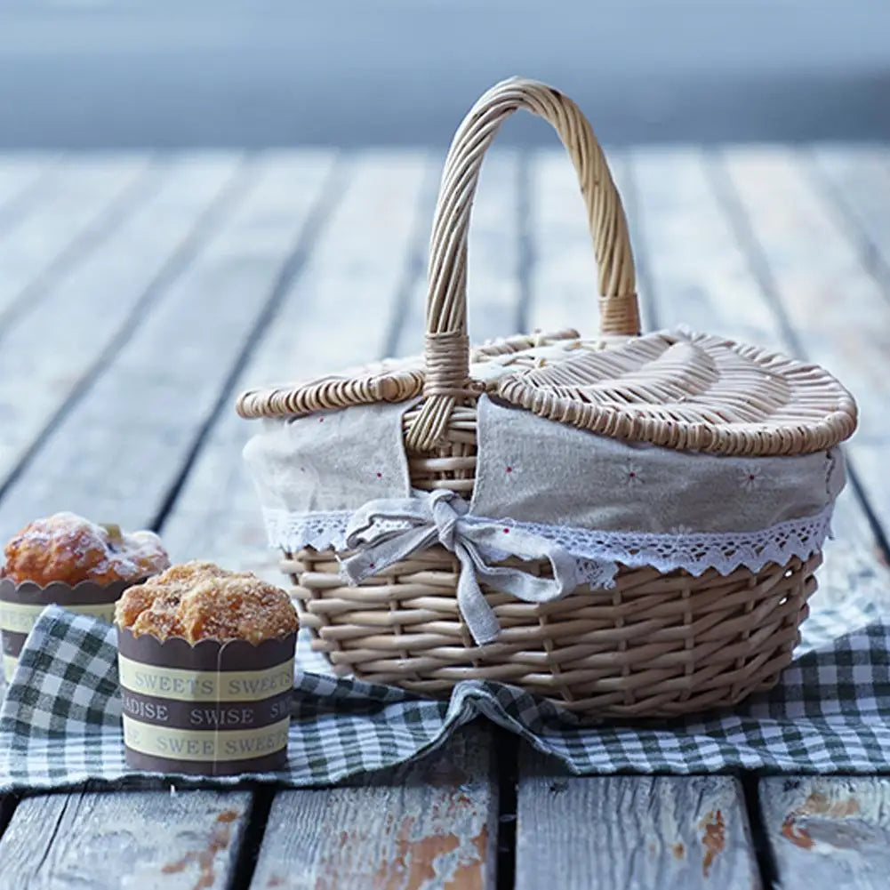 Wicker Picnic Basket With Lid Handle Picnic Hamper Handmade Willow Woven Storage Hamper Outdoor Camping Fruit Basket Container