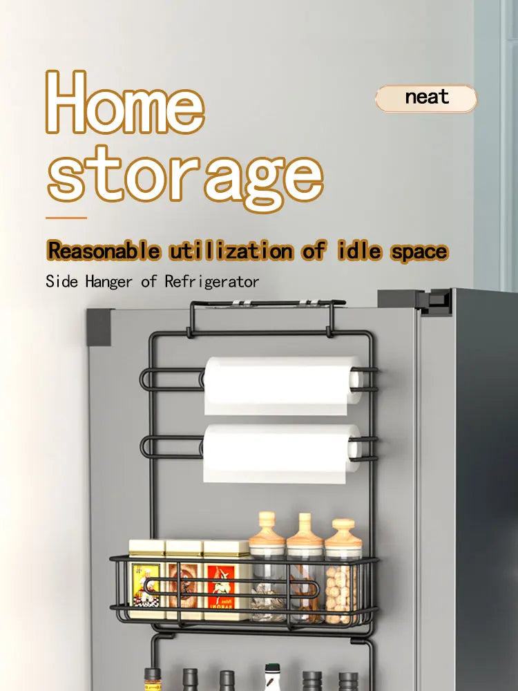 Wall mounted refrigerator rack, cling film storage rack, kitchen multifunctional seasoning rack, no drilling required
