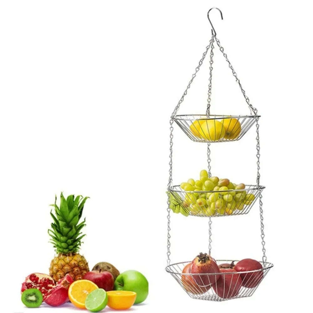 Foldable Hanging Fruit Basket Nordic Wall Hanging Snacks Storage Basket Iron Wire Three Tier Flowers Basket Storage Rack
