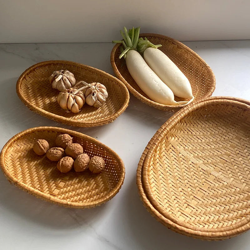 HeMu Bamboo woven oval basket Bamboo storage basket drying round dustpan Hotel storage steamed bun basket fruit basket