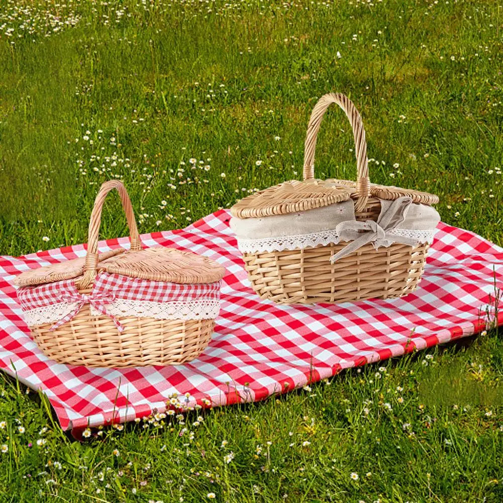 Wicker Picnic Basket With Lid Handle Picnic Hamper Handmade Willow Woven Storage Hamper Outdoor Camping Fruit Basket Container