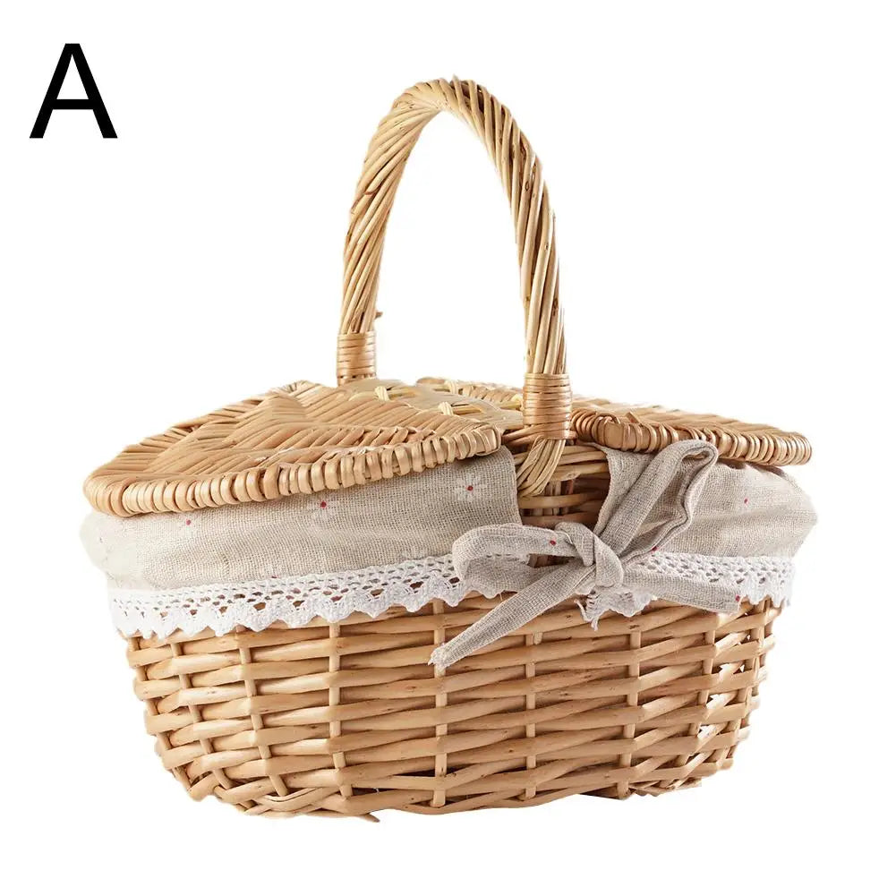 Wicker Picnic Basket With Lid Handle Picnic Hamper Handmade Willow Woven Storage Hamper Outdoor Camping Fruit Basket Container
