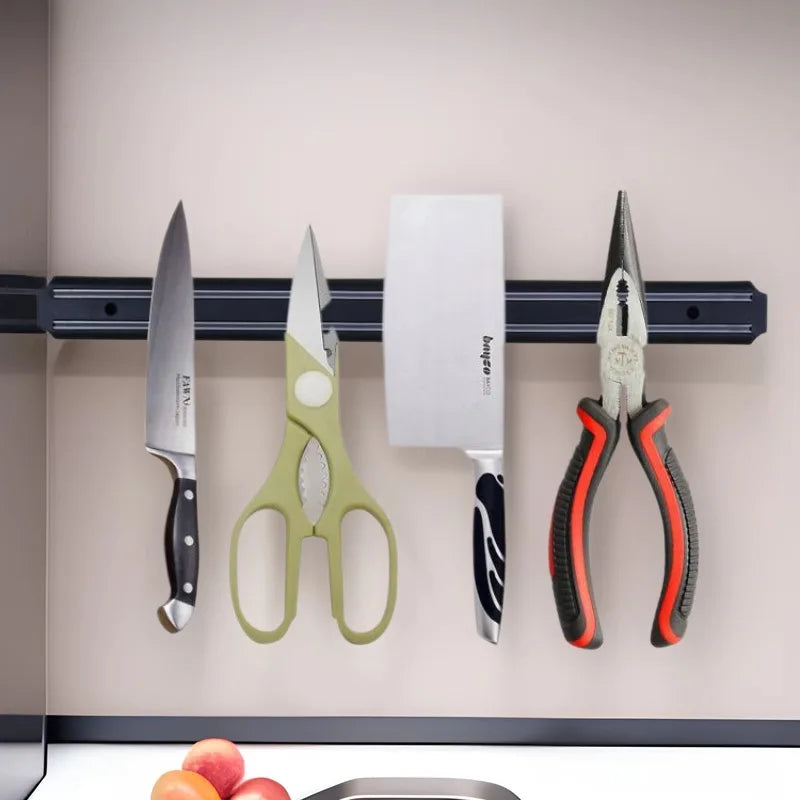 Powerful Magnetic Knife Holder Multifunctional Wall Hanging Knife Rack Strip Black Kitchen Practical Tools Organizer Punch Free