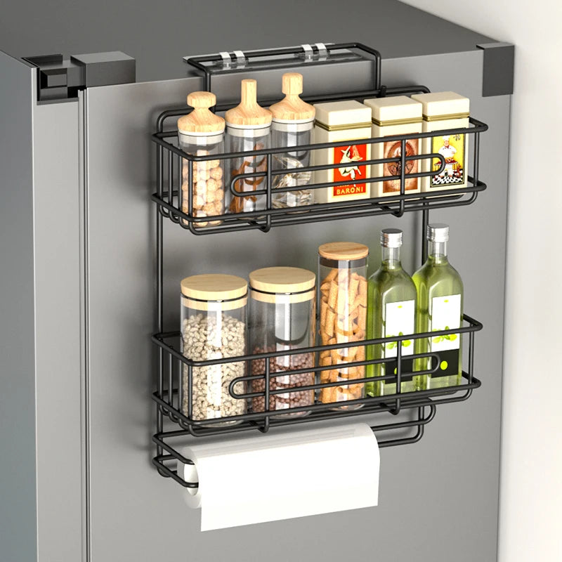 Wall mounted refrigerator rack, cling film storage rack, kitchen multifunctional seasoning rack, no drilling required
