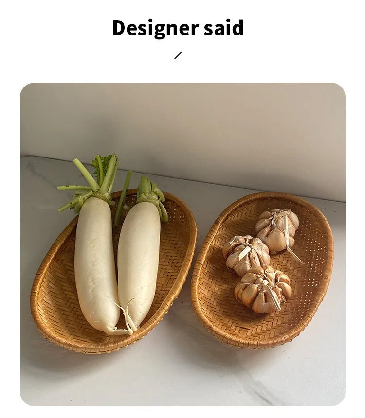HeMu Bamboo woven oval basket Bamboo storage basket drying round dustpan Hotel storage steamed bun basket fruit basket