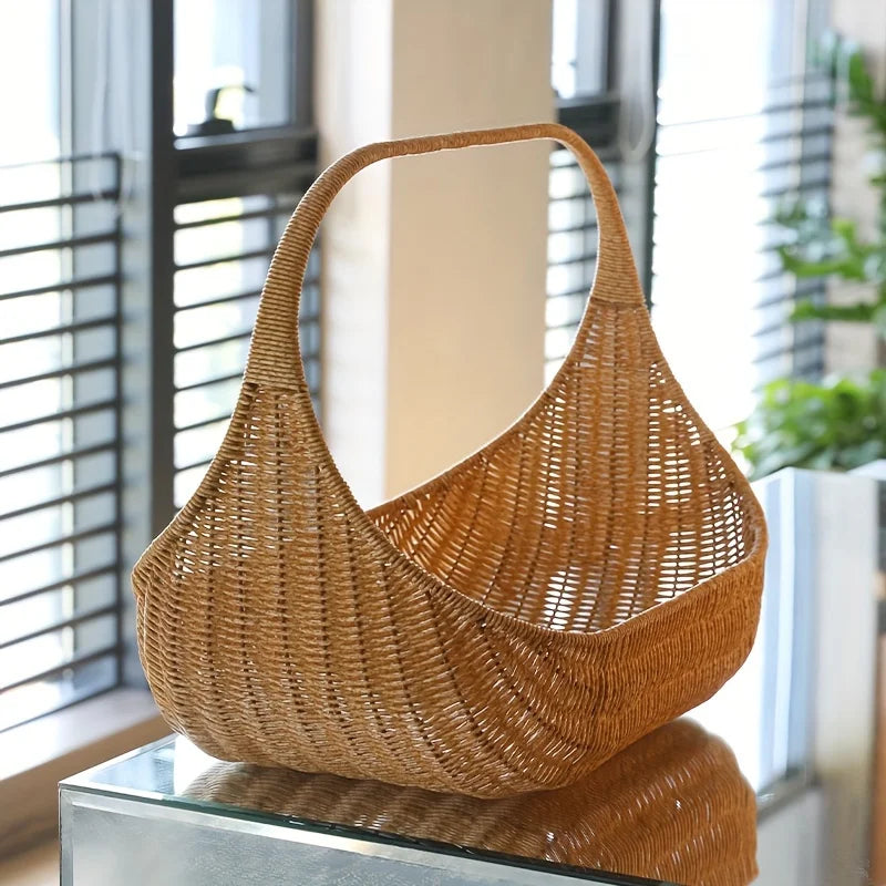 Handwoven Bread Basket and Fruit Tray in Natural Rattan, Rustic Style Basket for Serving Bread and Fruits