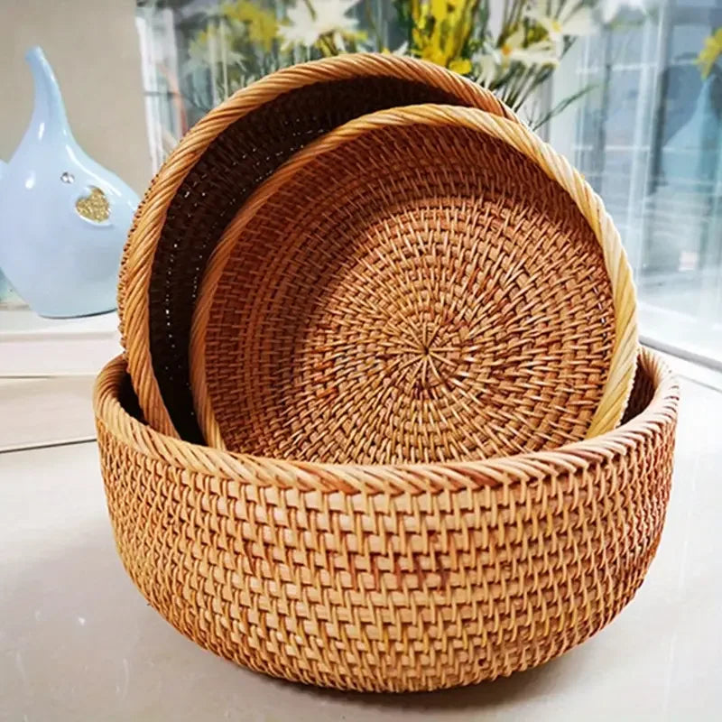 Hand-woven Rattan Wicker Basket Storage Box Fruit Tea Snack Bread Basket Cosmetic Desktop Storage Box Household Kitchen Supplies