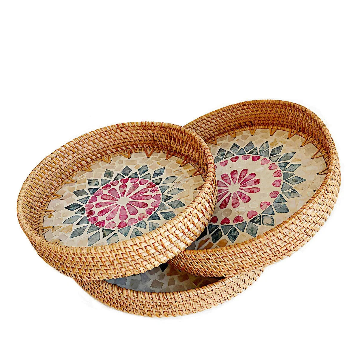 HeMu Colorful Splicing Shell Rattan Storage Basket Set Bread Fruit Food Breakfast Display Box Natural Hand-Woven Tray Roundness