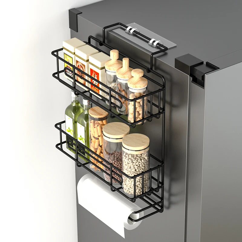 Wall mounted refrigerator rack, cling film storage rack, kitchen multifunctional seasoning rack, no drilling required