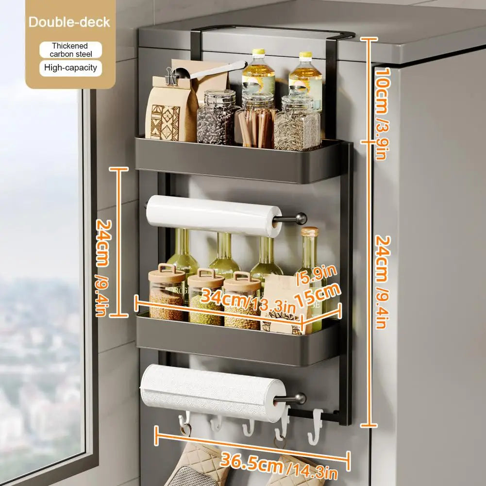 2-Tier Refrigerator Rack with Two Shelf Paper Holders, Spice Holder & Side Basket, Refrigerator Basket, for Kitchen