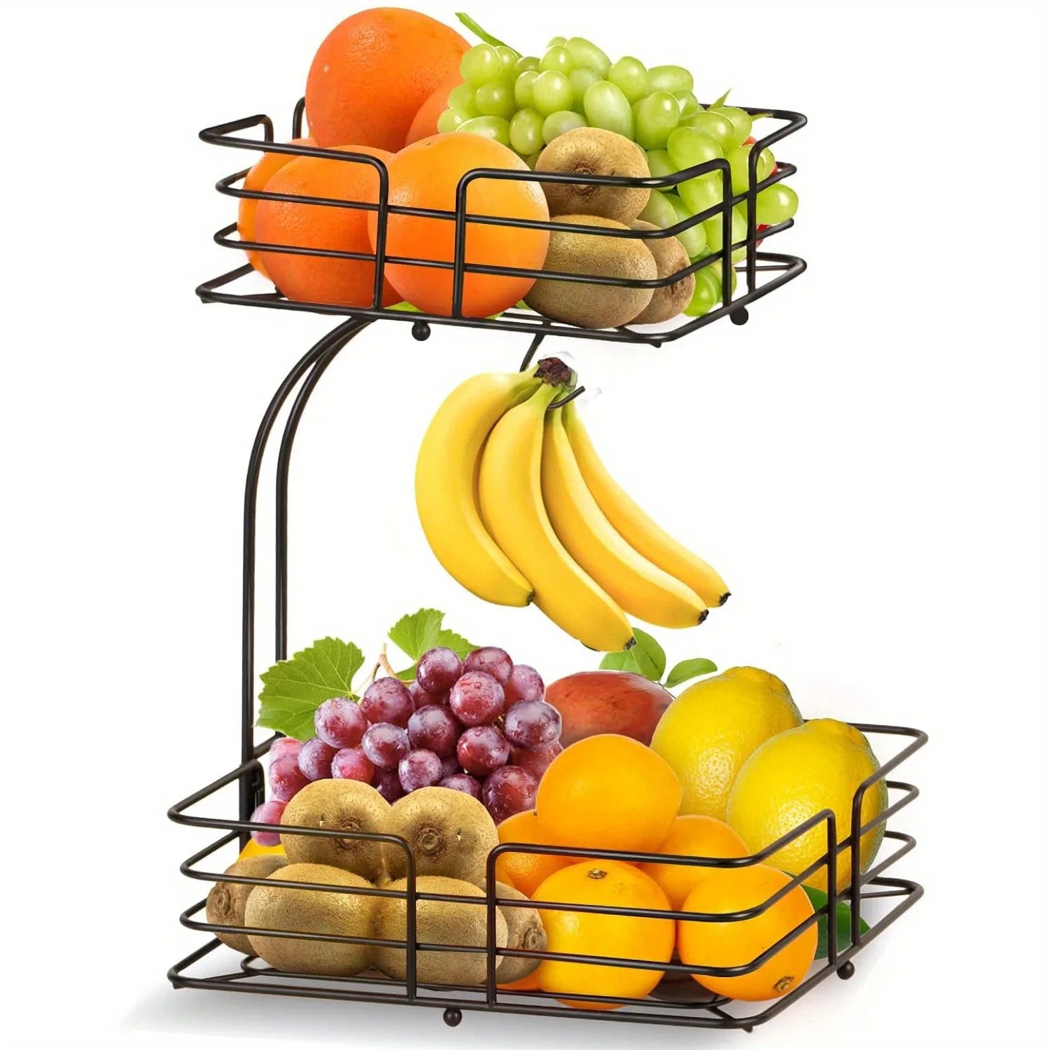 Double Layer Fruit Basket, Removable Countertop Fruit Rack with Banana Hook, Kitchen Metal Fruit and Vegetable Bowl, Metal Baske