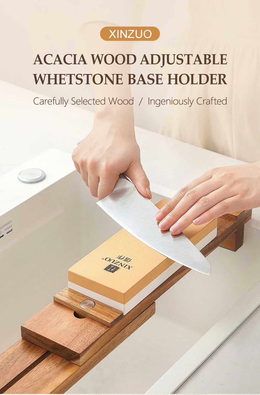XINZUO Acacia Wood Whetstone Base Holder Adjustable Telescopic Solid Knife Sharpening Block for Kitchen Knives