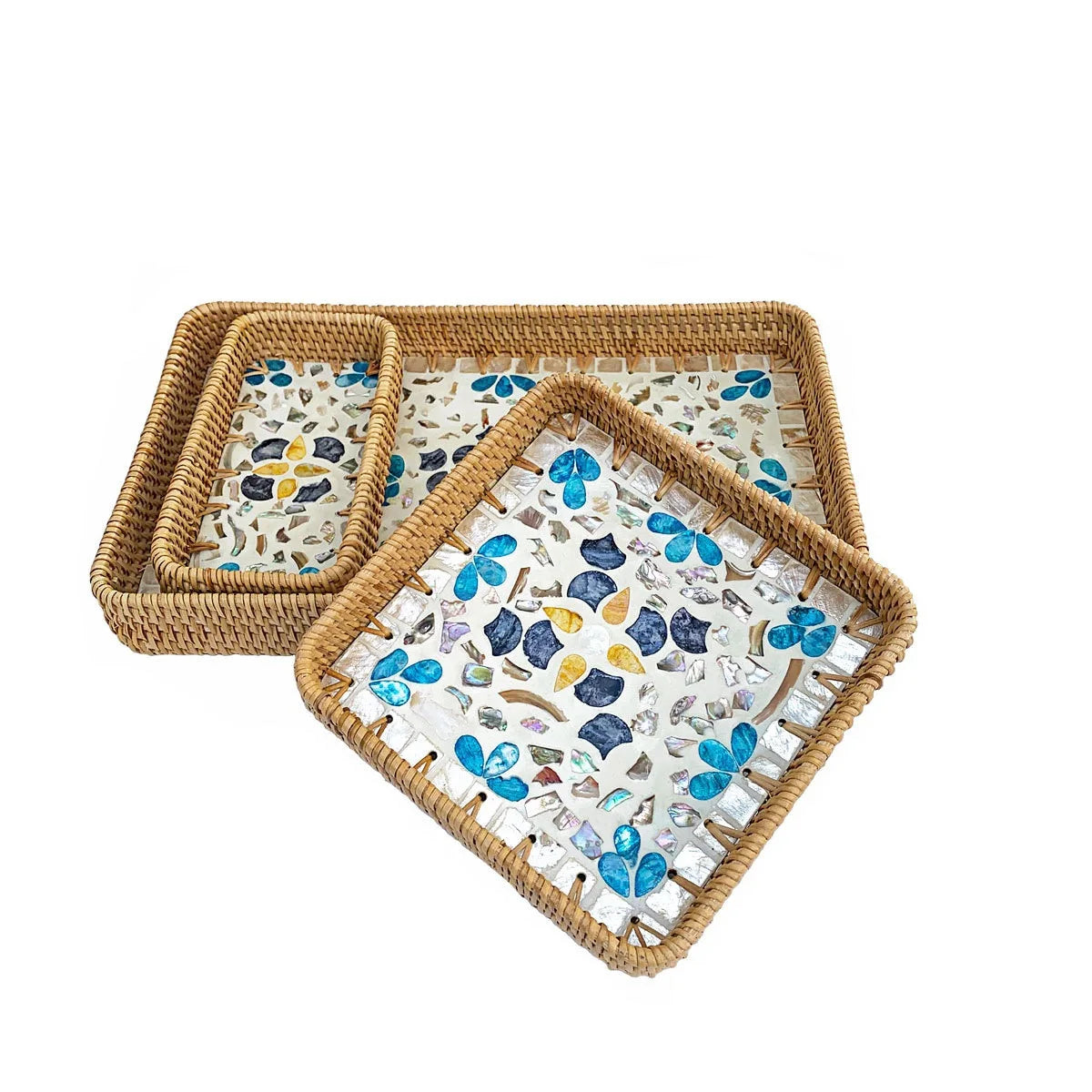 HeMu Colorful Splicing Shell Rattan Storage Basket Set Bread Fruit Food Breakfast Display Box Natural Hand-Woven Tray Decoration
