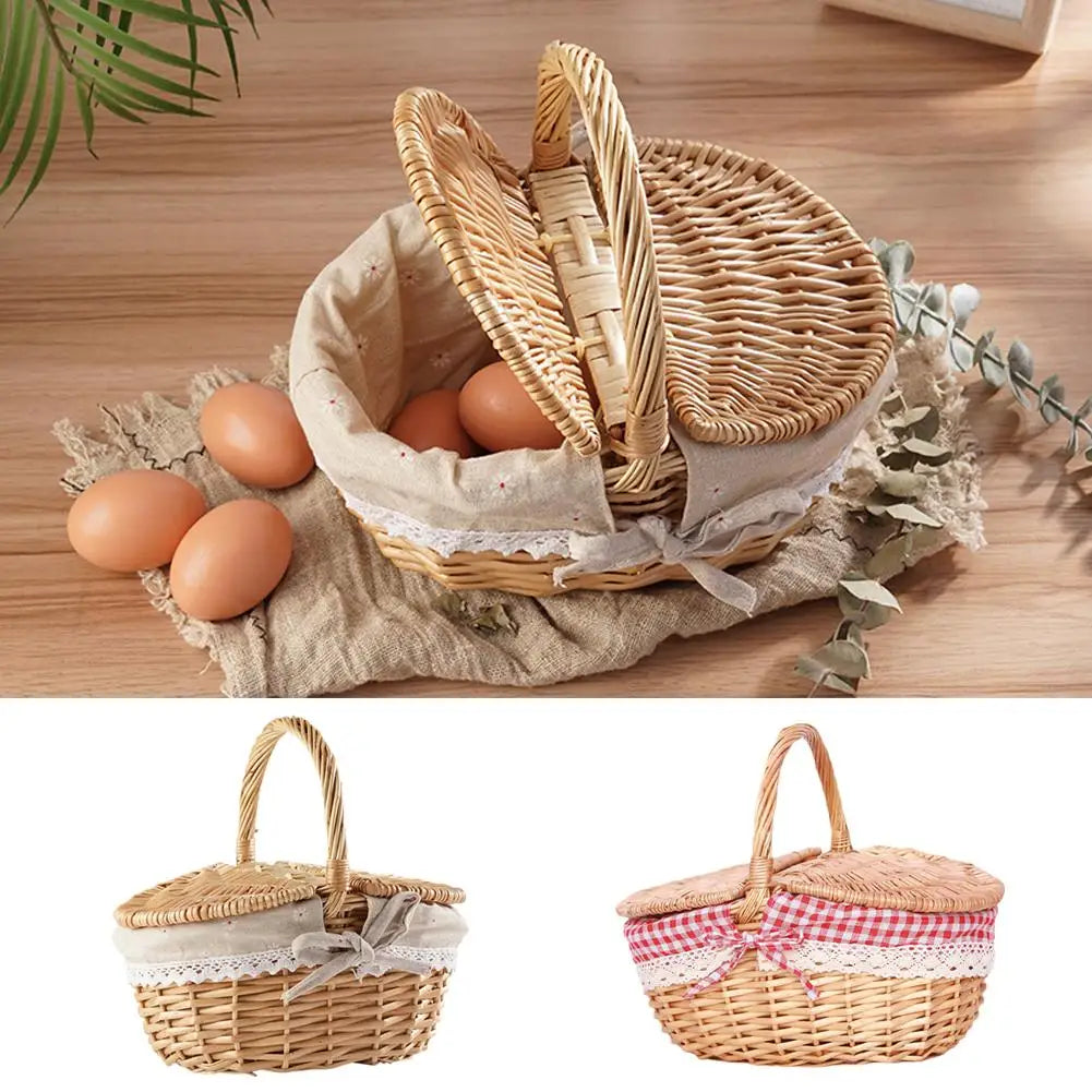 Wicker Picnic Basket With Lid Handle Picnic Hamper Handmade Willow Woven Storage Hamper Outdoor Camping Fruit Basket Container