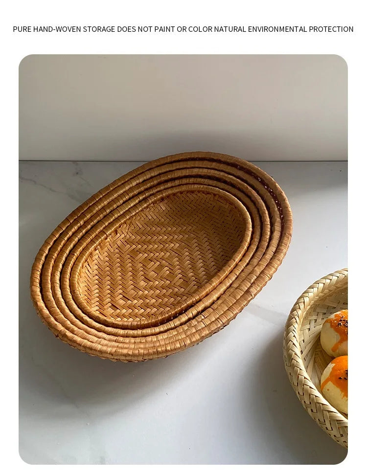 HeMu Bamboo woven oval basket Bamboo storage basket drying round dustpan Hotel storage steamed bun basket fruit basket