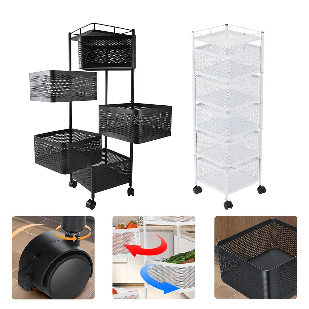 5-layer Square Rotatable Storage Rack With Wheels, Kitchen Adjustable Metal Baskets, Fruit Vegetable Storage Trolley