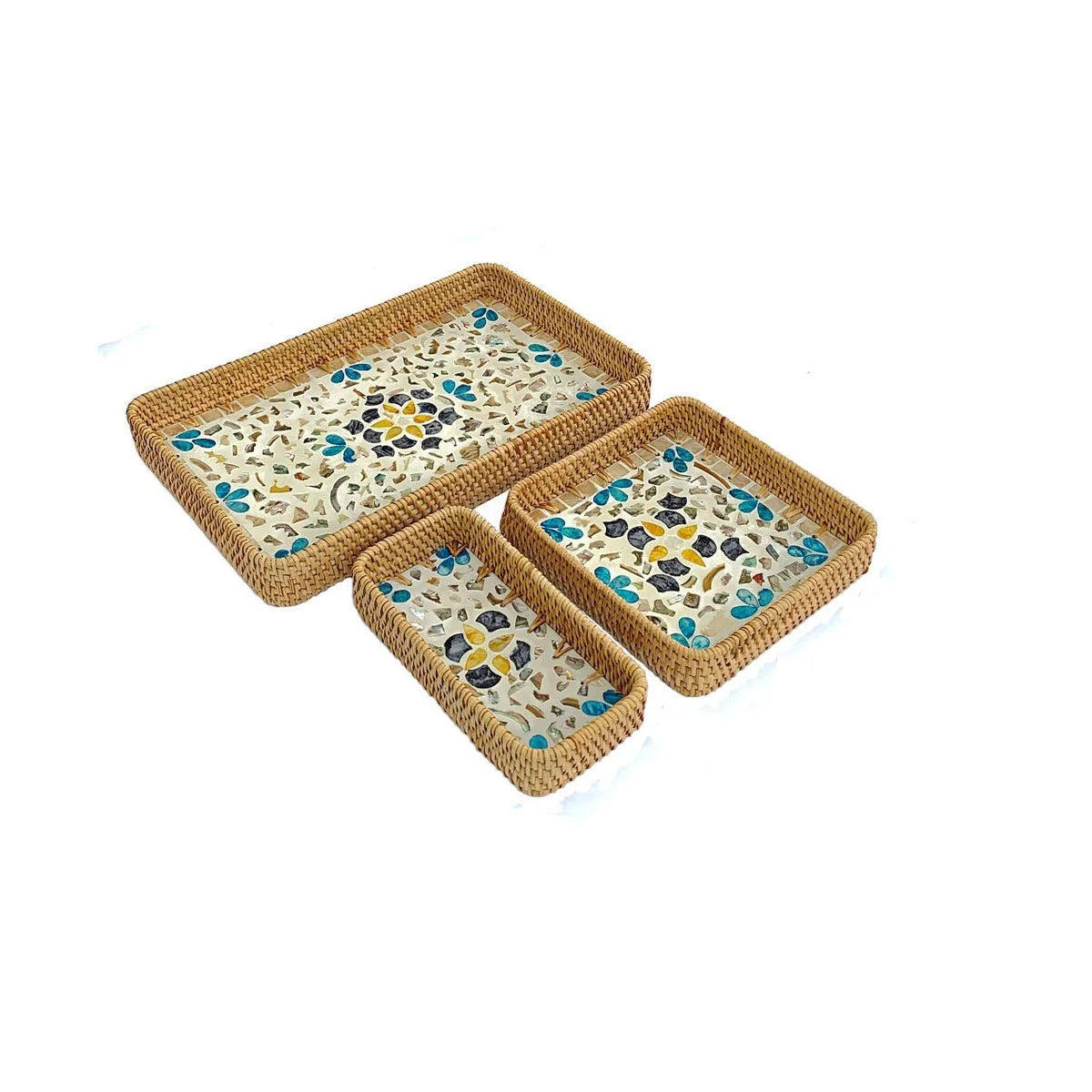 HeMu Colorful Splicing Shell Rattan Storage Basket Set Bread Fruit Food Breakfast Display Box Natural Hand-Woven Tray Decoration