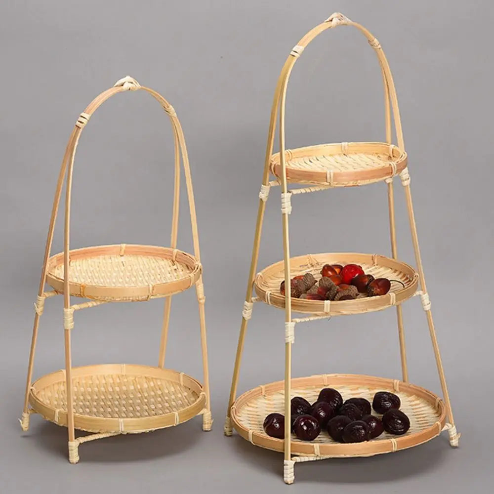 Multi-function Bamboo Woven Basket 1/2/3 Layer Fruit Food Vegetable Storage Basket Durable Handwoven Standing Tray for Kitchen
