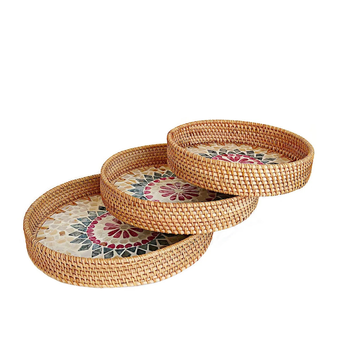 HeMu Colorful Splicing Shell Rattan Storage Basket Set Bread Fruit Food Breakfast Display Box Natural Hand-Woven Tray Roundness