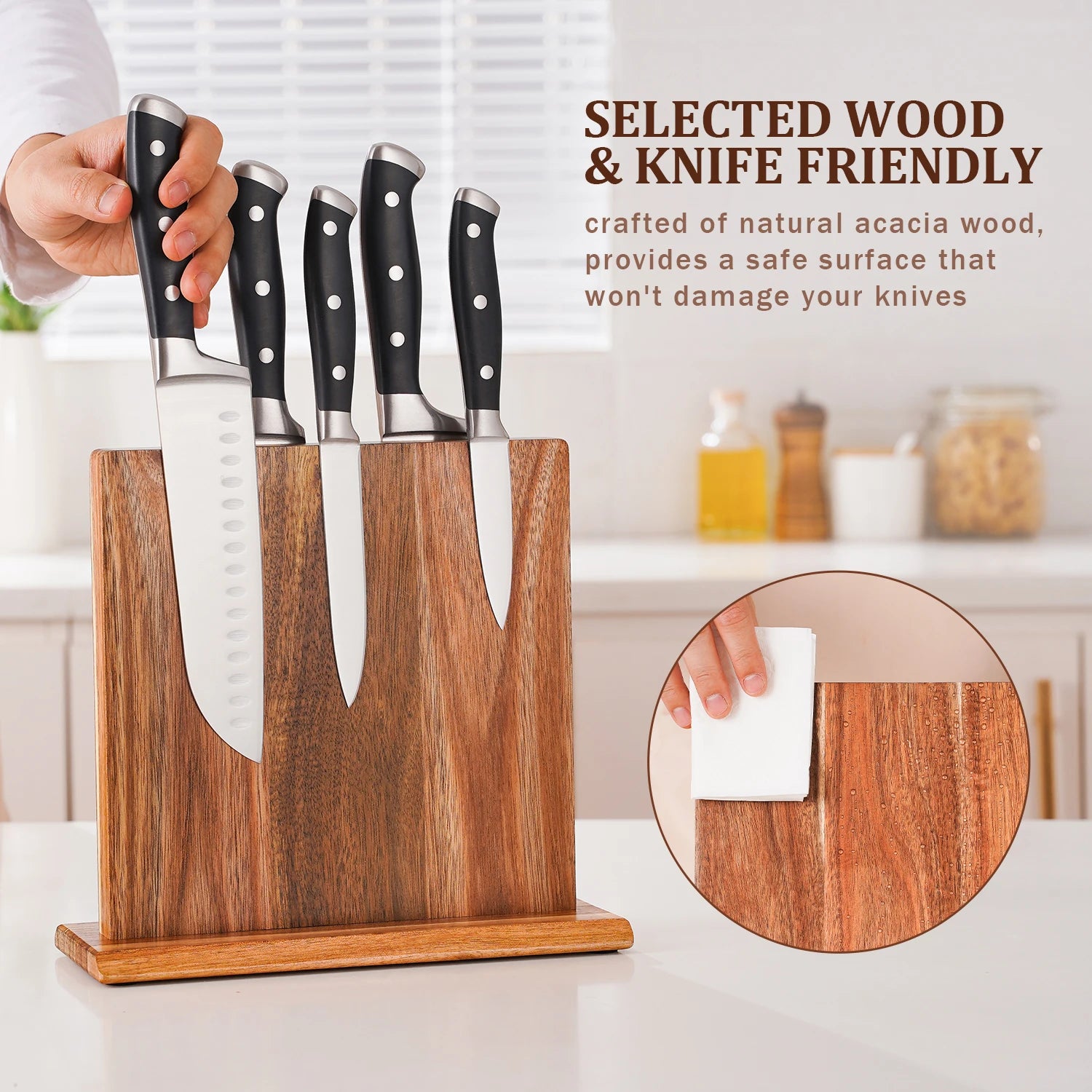 New Acacia Wood Home Kitchen Magnetic Knife Block Holder Rack Magnetic Stands with Strong Enhanced Magnets