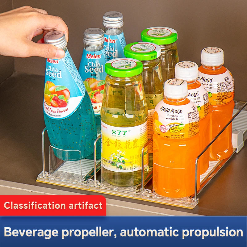 Automatic Beverage Pusher For Fridge Transparents Drinking Sliding Container Kitchen Storage Boxes Shelf Glide Organizer Rack
