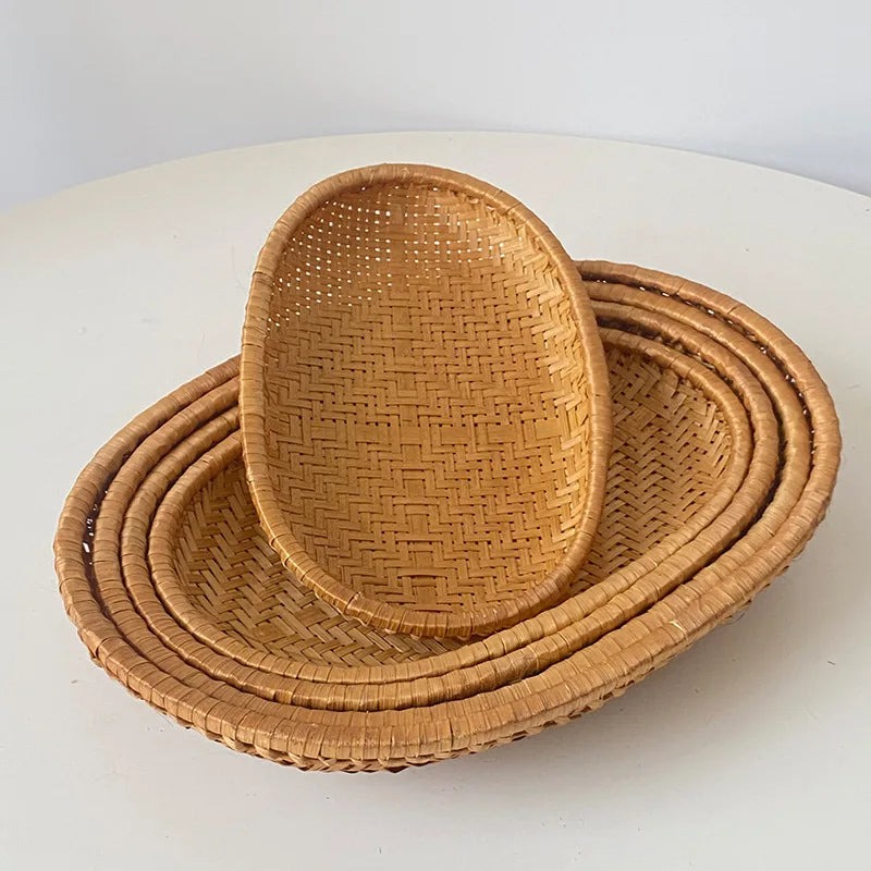HeMu Bamboo woven oval basket Bamboo storage basket drying round dustpan Hotel storage steamed bun basket fruit basket