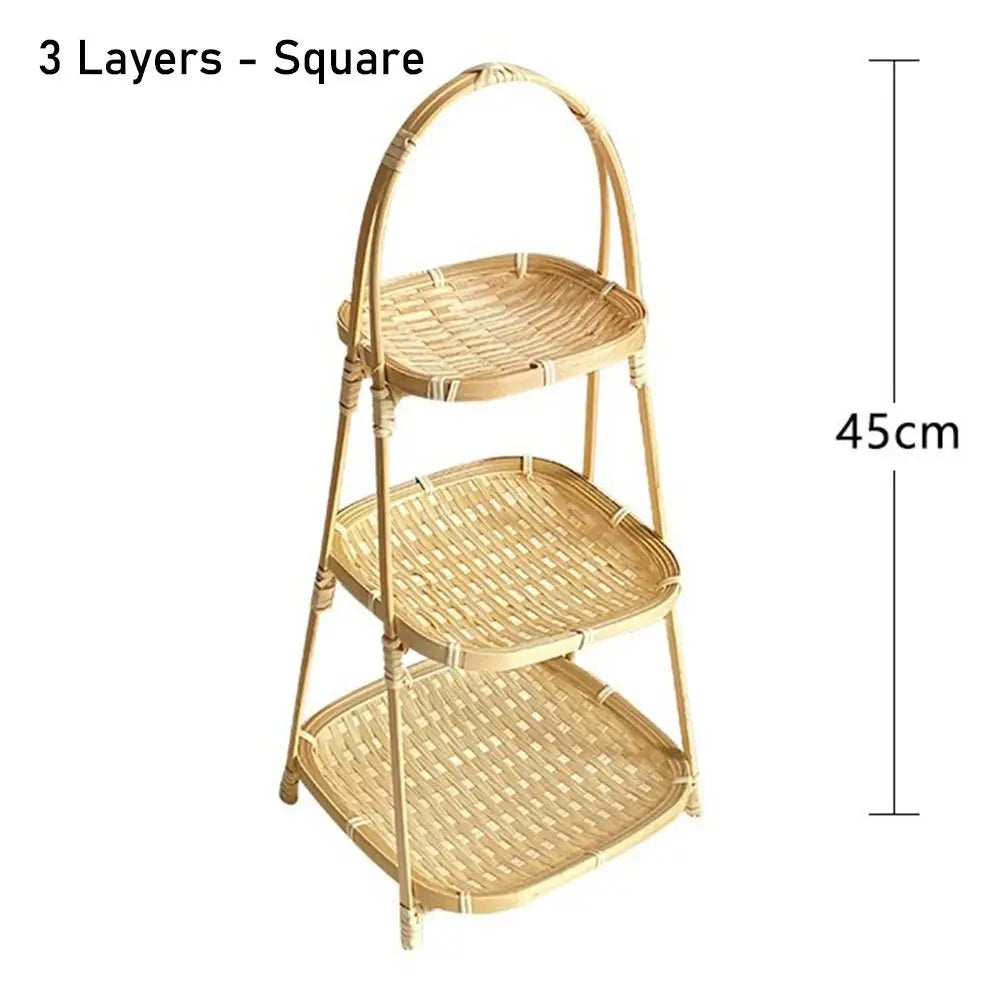 Multi-function Bamboo Woven Basket 1/2/3 Layer Fruit Food Vegetable Storage Basket Durable Handwoven Standing Tray for Kitchen