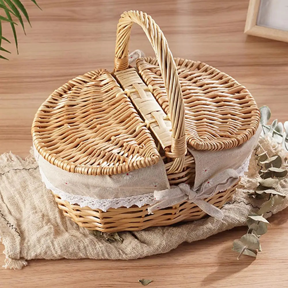 Wicker Picnic Basket With Lid Handle Picnic Hamper Handmade Willow Woven Storage Hamper Outdoor Camping Fruit Basket Container