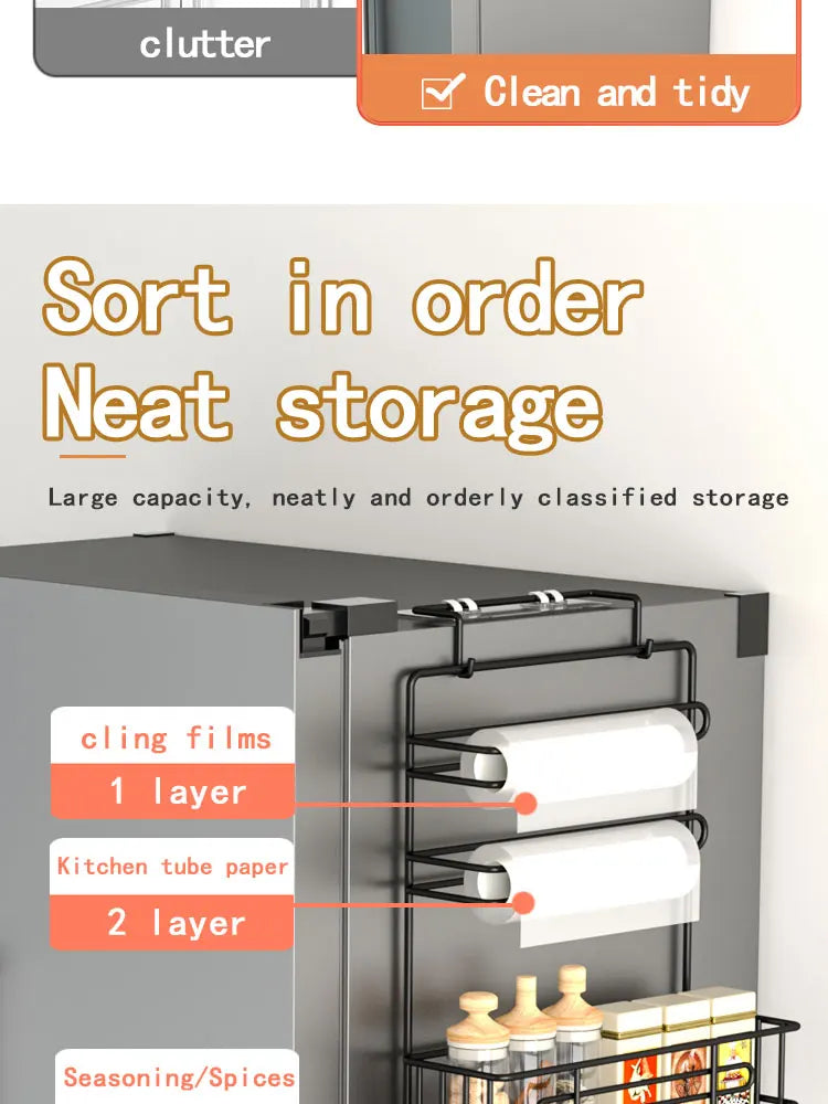 Wall mounted refrigerator rack, cling film storage rack, kitchen multifunctional seasoning rack, no drilling required