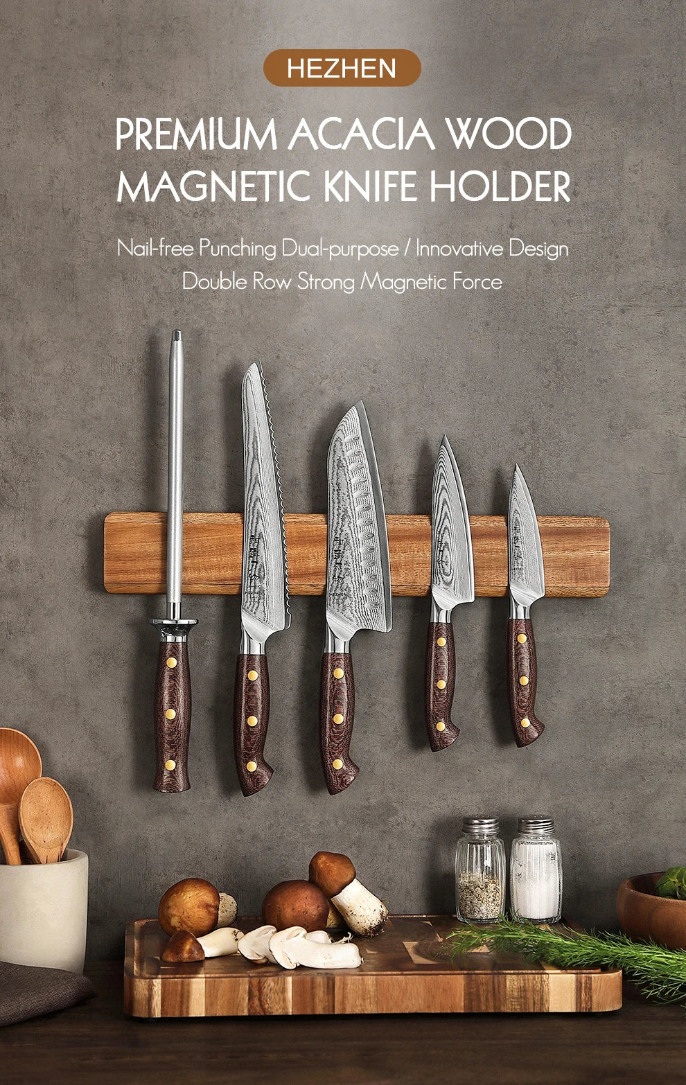 Hezhen Magnetic Knife Holder 400mm Kitchen Accessories Wooden Knives Storage Tools Acacia Wood This Is A Holder Without Knife