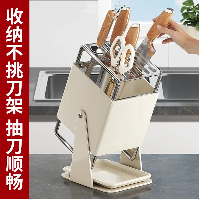 Stainless steel kitchen knife holder, rotatable tool storage rack, drainage countertop integrated tool holder