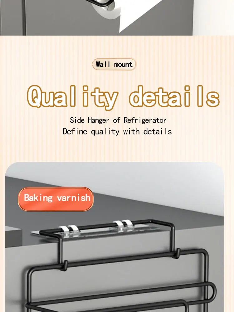 Wall mounted refrigerator rack, cling film storage rack, kitchen multifunctional seasoning rack, no drilling required