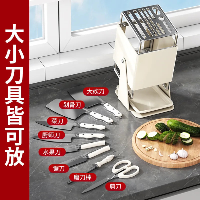 Stainless steel kitchen knife holder, rotatable tool storage rack, drainage countertop integrated tool holder