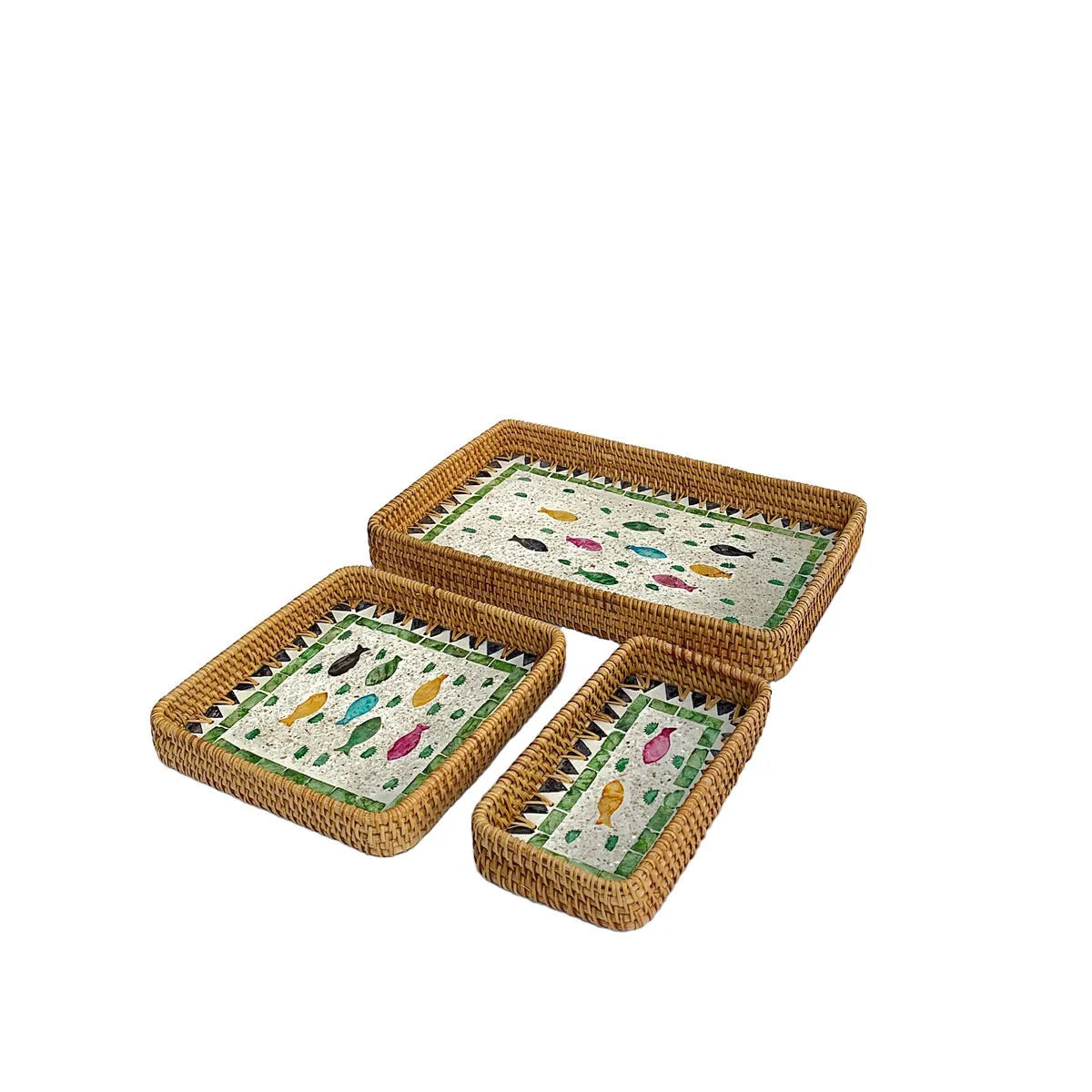 HeMu Colorful Splicing Shell Rattan Storage Basket Set Bread Fruit Food Breakfast Display Box Natural Hand-Woven Tray Decoration