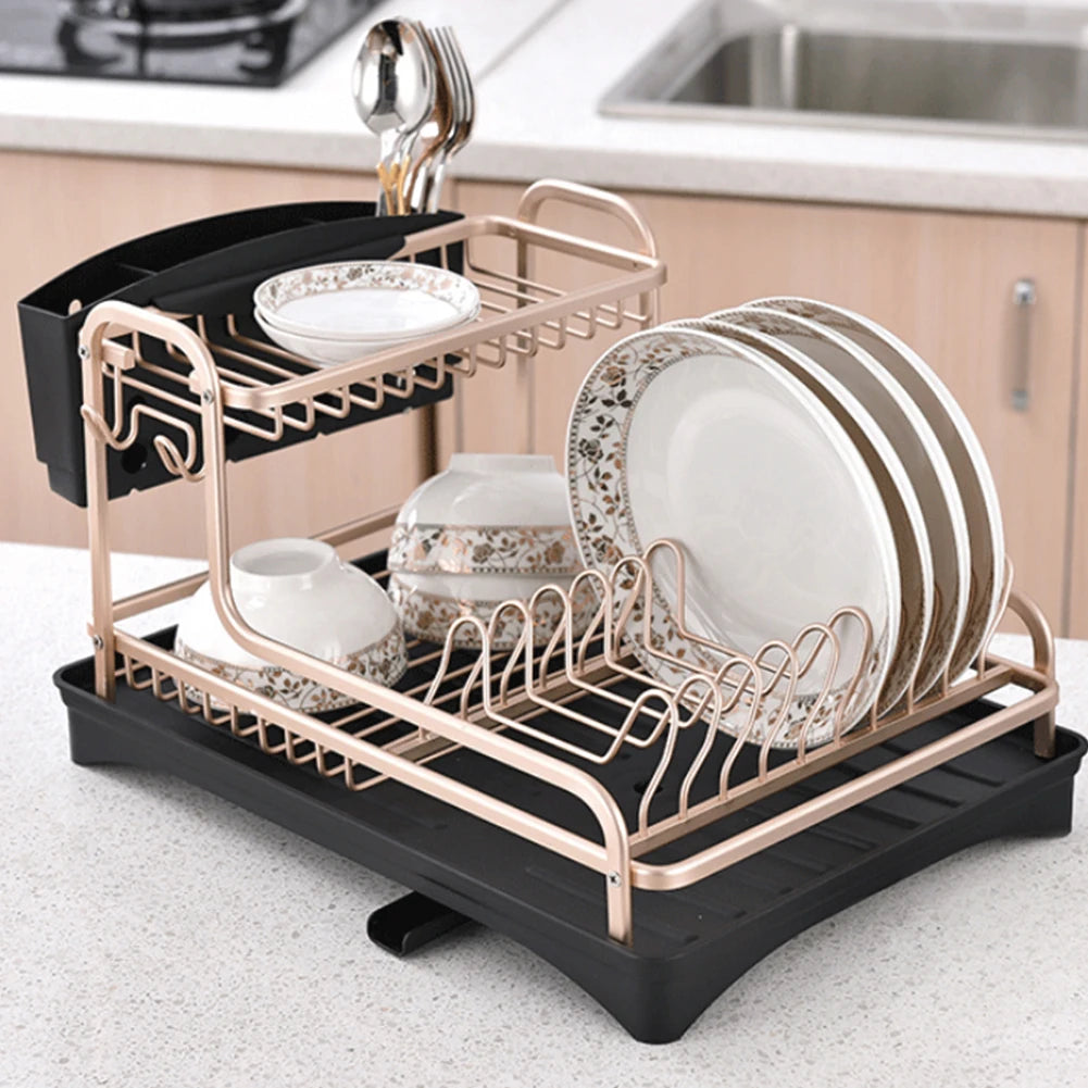 【Breeins】 2 Tier Aluminum Dish Storage Rack with Cutlery Holder Drain Hole