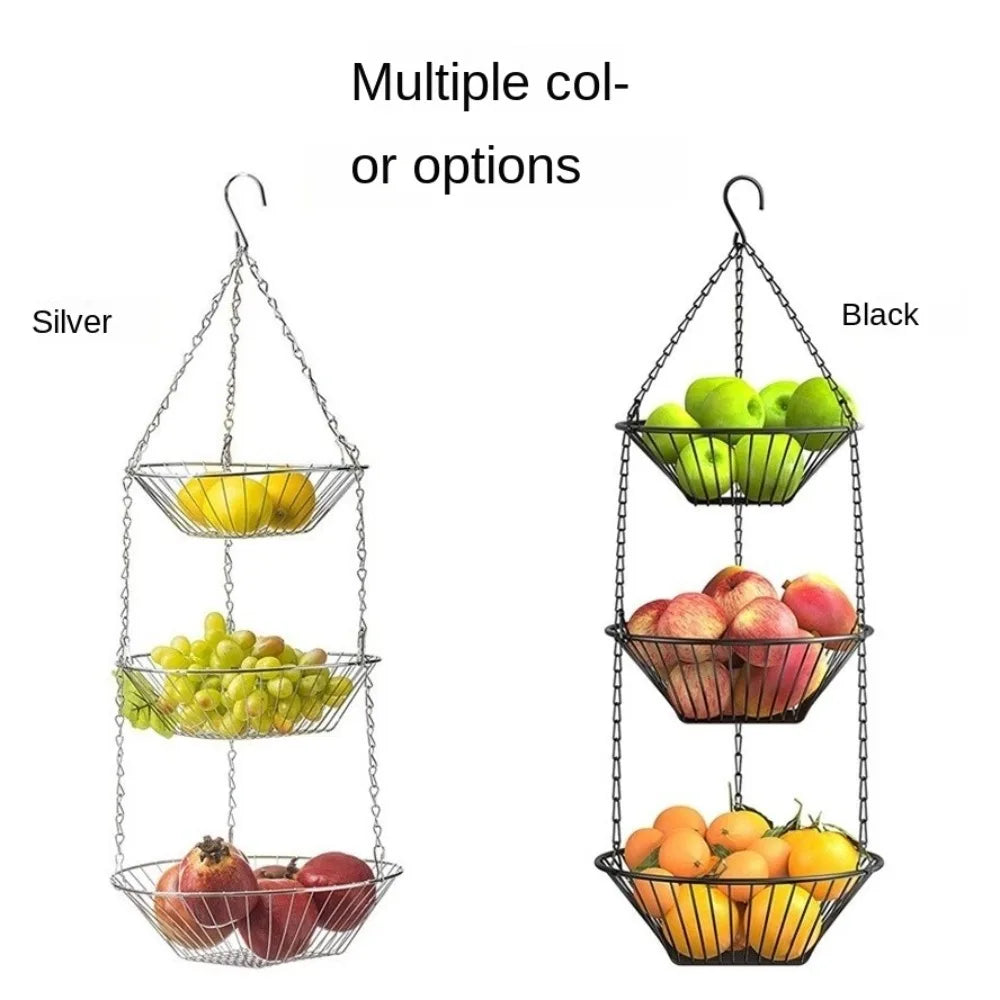 Foldable Hanging Fruit Basket Nordic Wall Hanging Snacks Storage Basket Iron Wire Three Tier Flowers Basket Storage Rack