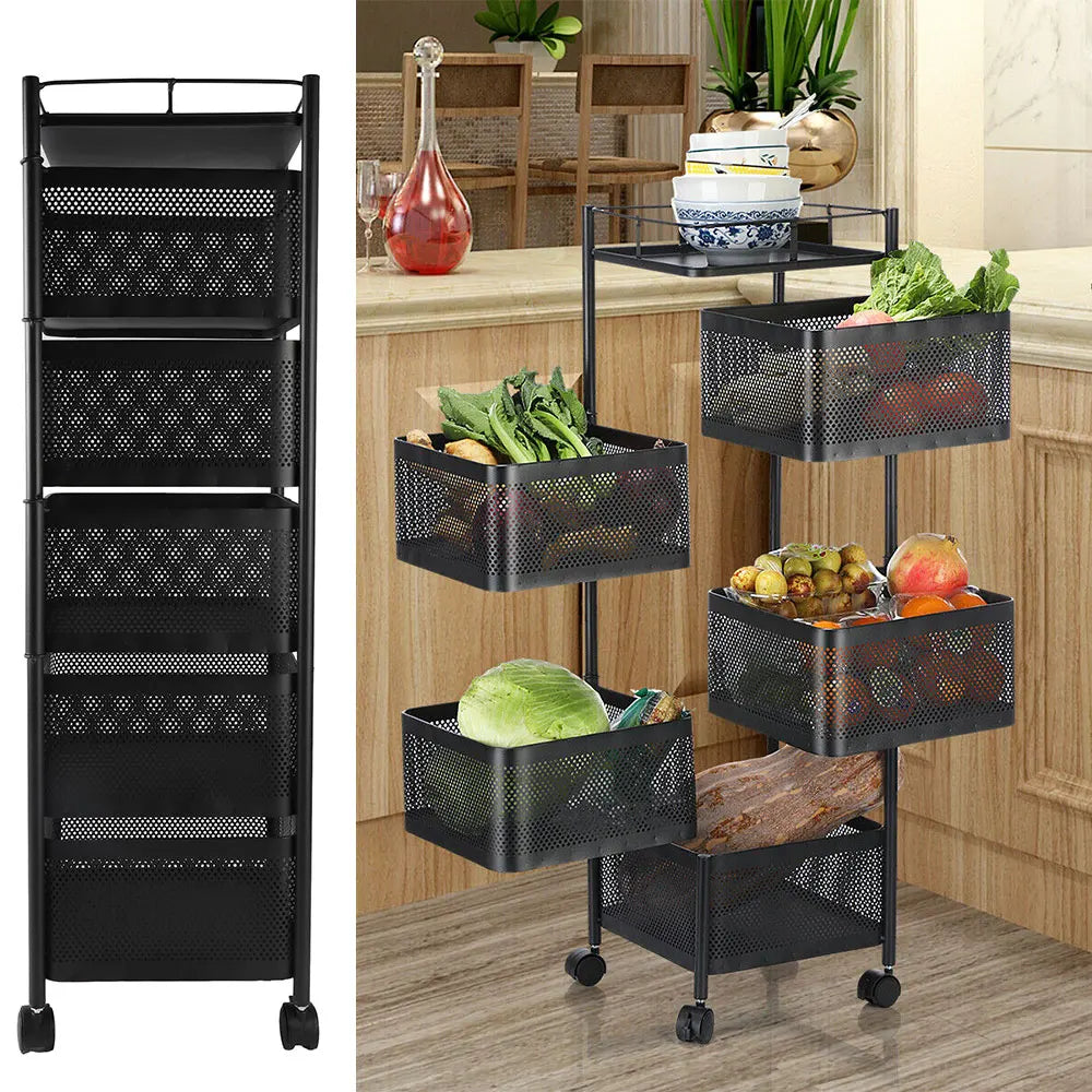 5-layer Square Rotatable Storage Rack With Wheels, Kitchen Adjustable Metal Baskets, Fruit Vegetable Storage Trolley