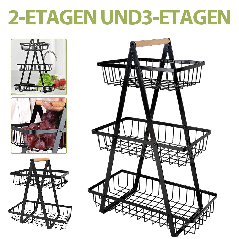 3 Tier Carbon Steel Fruit Storage Basket, Modern Metal Fruit And Vegetable Basket With Wooden Handle, Drain Basket