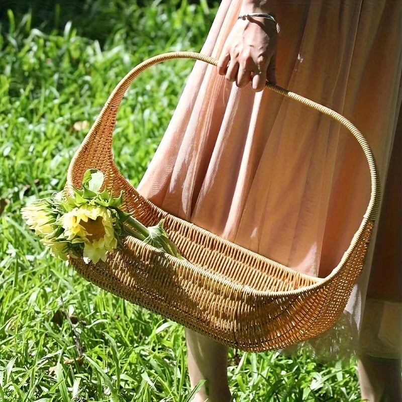 Handwoven Bread Basket and Fruit Tray in Natural Rattan, Rustic Style Basket for Serving Bread and Fruits