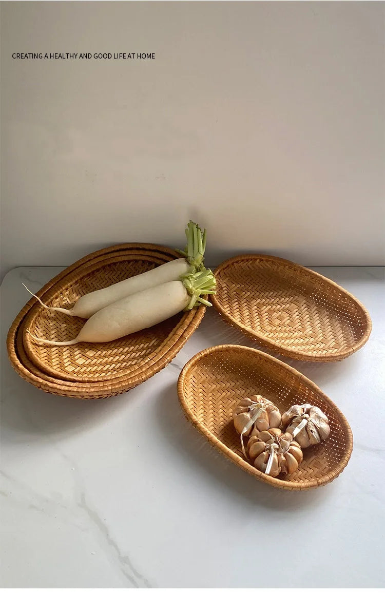 HeMu Bamboo woven oval basket Bamboo storage basket drying round dustpan Hotel storage steamed bun basket fruit basket