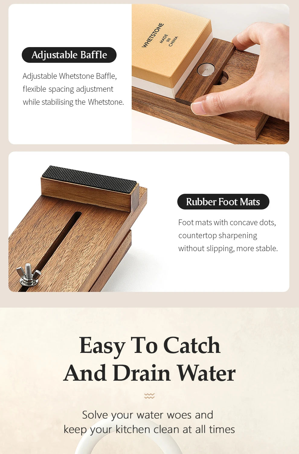 XINZUO Acacia Wood Whetstone Base Holder Adjustable Telescopic Solid Knife Sharpening Block for Kitchen Knives