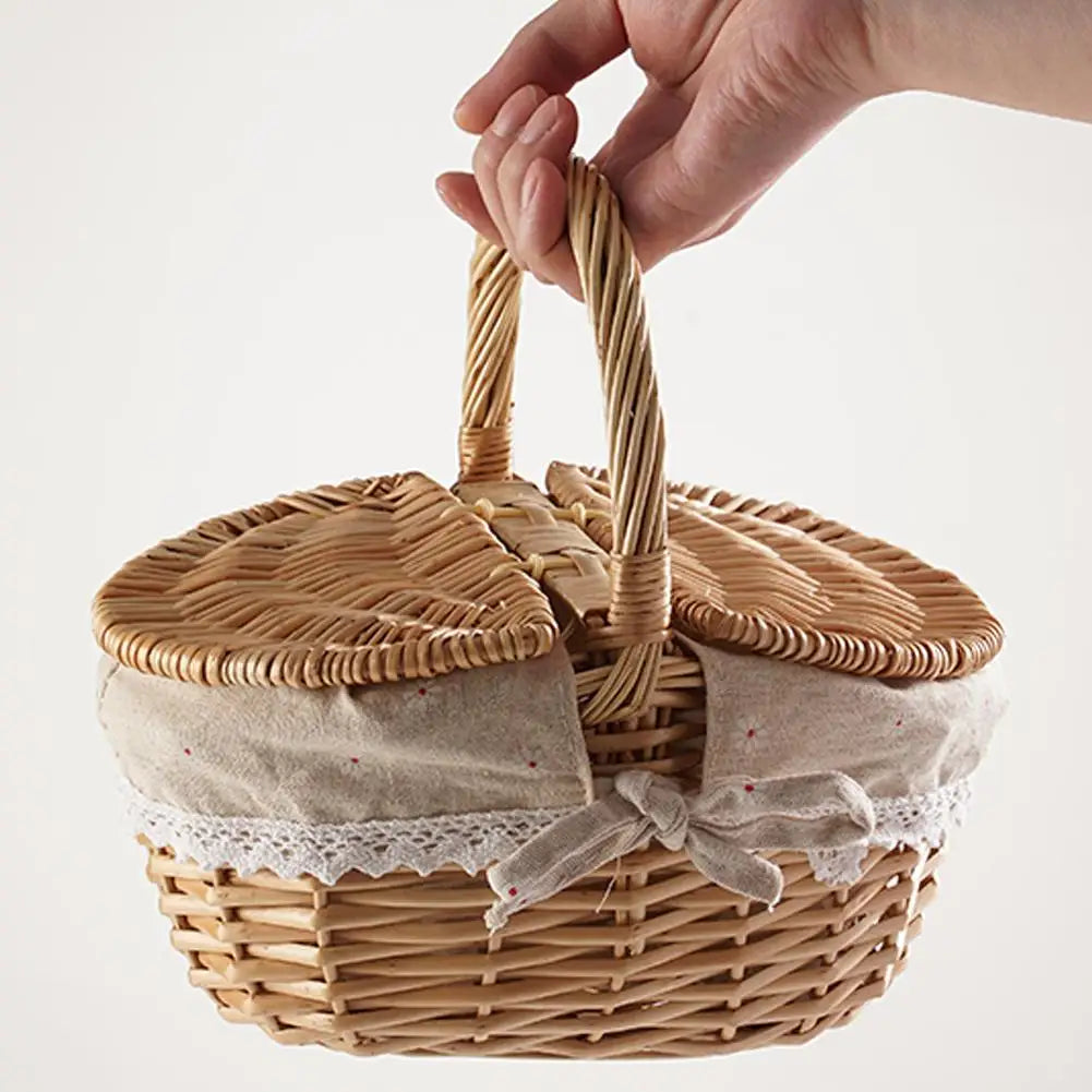 Wicker Picnic Basket With Lid Handle Picnic Hamper Handmade Willow Woven Storage Hamper Outdoor Camping Fruit Basket Container