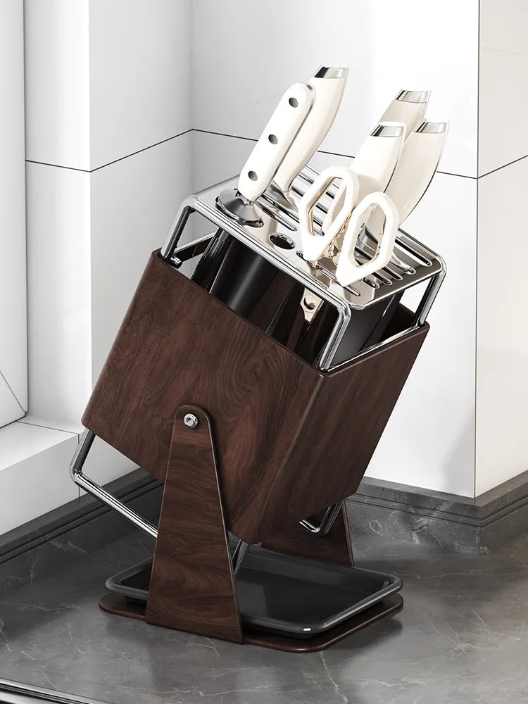 Stainless steel kitchen knife holder, rotatable tool storage rack, drainage countertop integrated tool holder