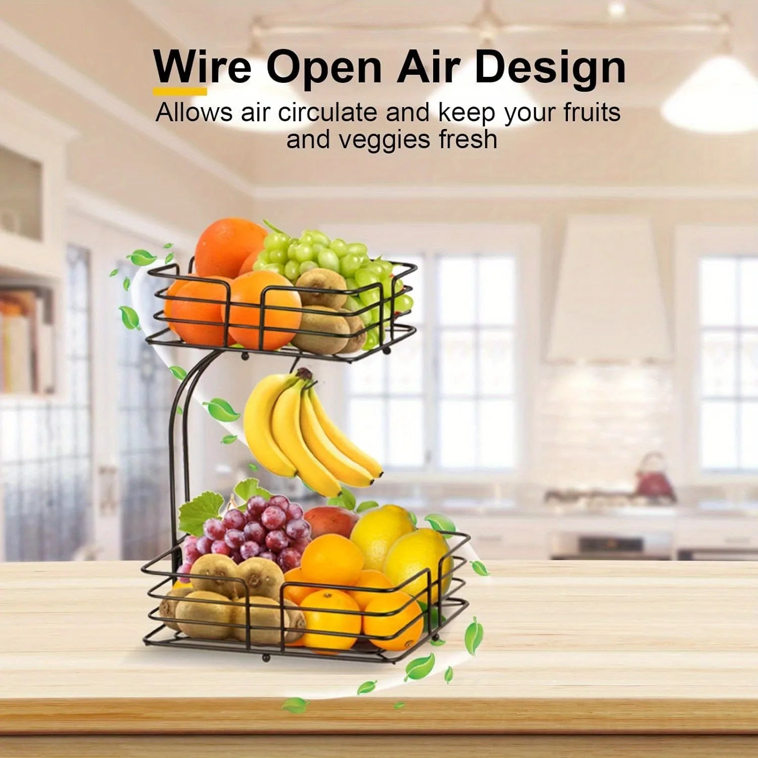 Double Layer Fruit Basket, Removable Countertop Fruit Rack with Banana Hook, Kitchen Metal Fruit and Vegetable Bowl, Metal Baske
