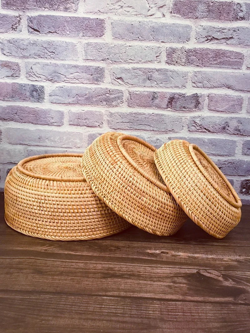 Hand-woven Rattan Wicker Basket Storage Box Fruit Tea Snack Bread Basket Cosmetic Desktop Storage Box Household Kitchen Supplies